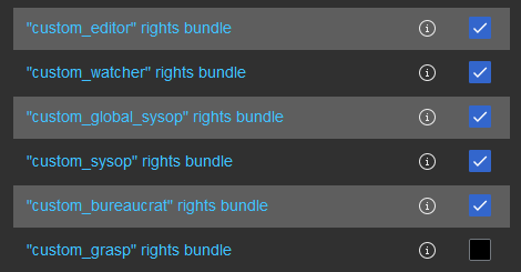 Screenshot of custom rights bundles at Special:BotPasswords