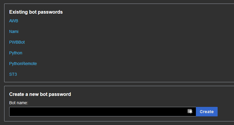 Screenshot of all my bot password names on Leaguepedia: AWB, Nami, PWBBot, Python, PythonRemote, and ST3