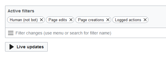 Screenshot of recent changes filters on Wikipedia