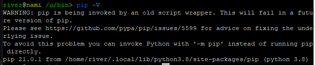 The command pip -V with a warning