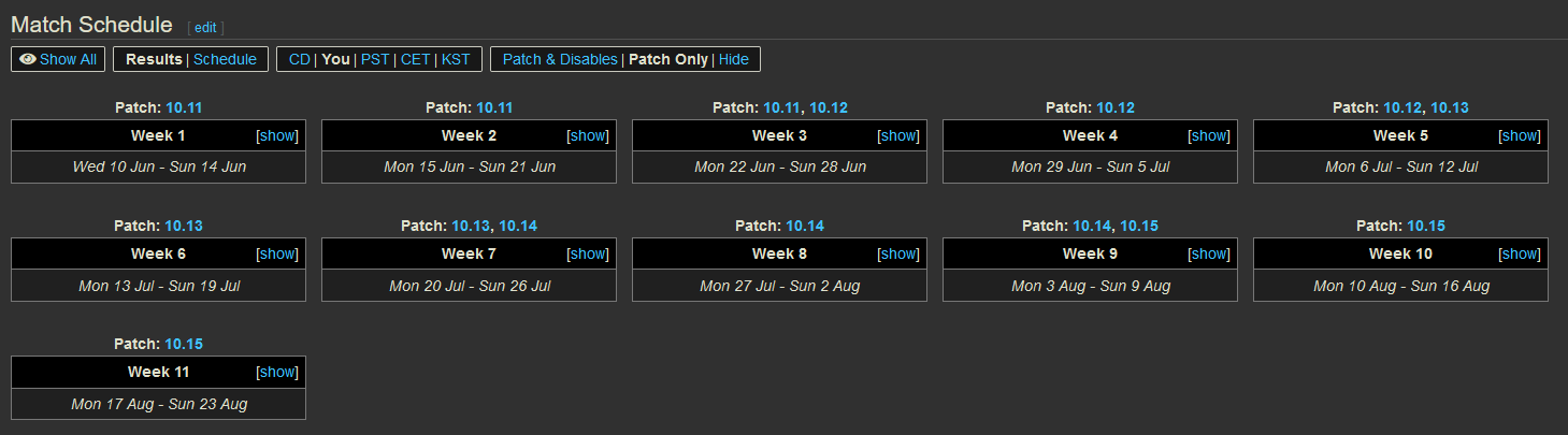 A screenshot of collapsed LDL match list, showing one collapsed box per week