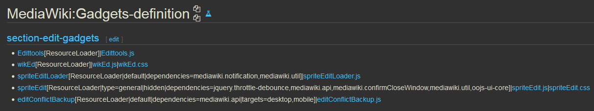 Screenshot of view at MediaWiki:Gadgets-definition on Leaguepedia