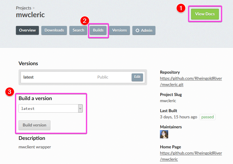 Screenshot of project overview on Read the Docs. 1 - View Docs. 2 - Builds. 3 - Build a version.
