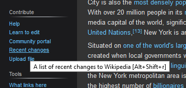 A screenshot of the title attribute of Recent Changes on Wikipedia