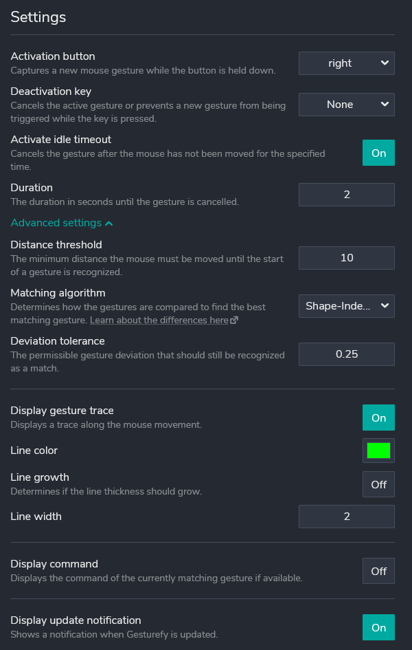 A screenshot of my Gesturefy settings