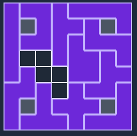 A solve of pentominoes on an 8x8 square with the W tile clearly missing