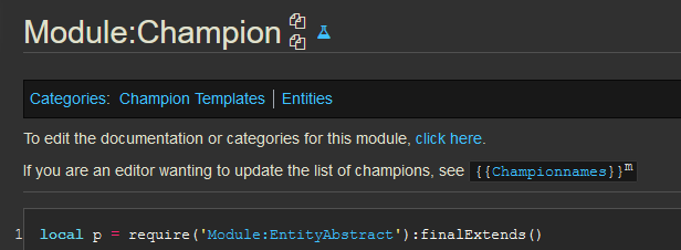 A screenshot of Module:Champion, showing its categories above the module content